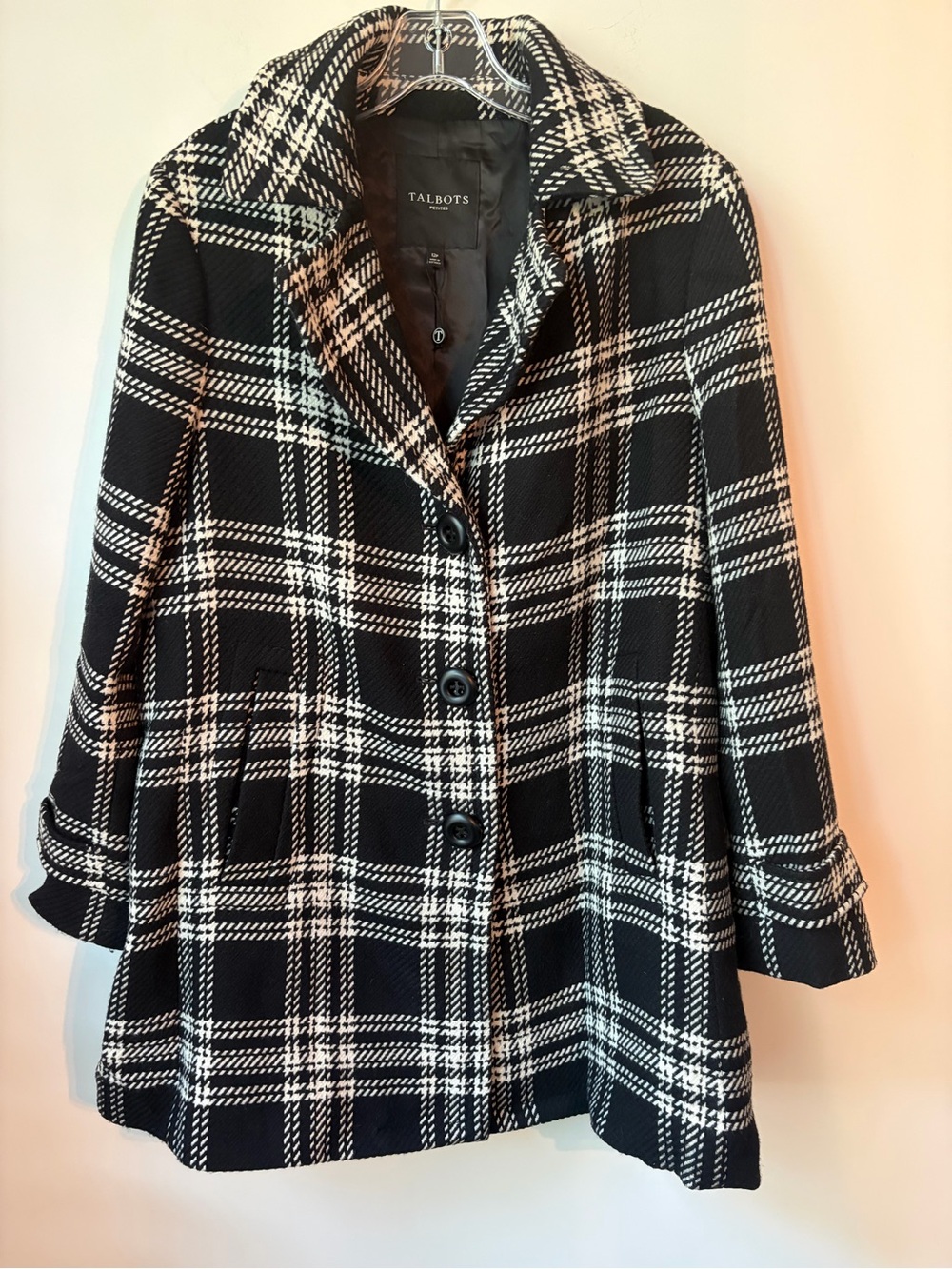 Talbots Black & White Plaid Wool Blend Big Button Preppy Academia Pea Coat sz 12